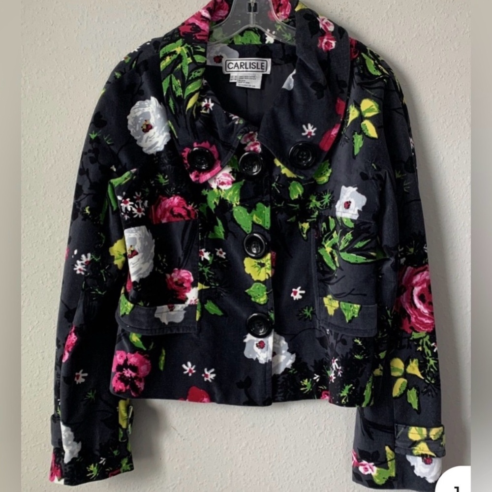 Vintage Carlisle Black Floral Cropped Pea Coat with Pink & Green Accents video - Picture 4 of 13